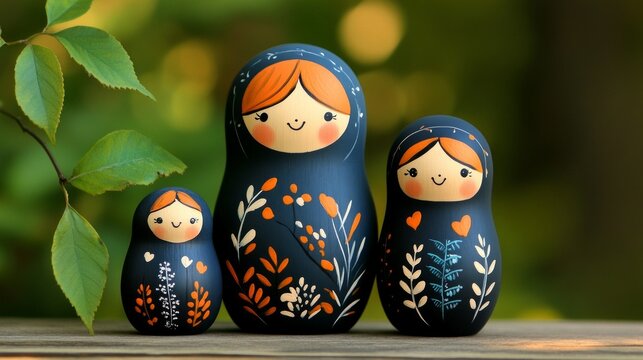 Adorable hand-painted nesting dolls, a charming set in navy blue with orange accents.