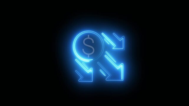 Money loss. Cash with down arrow stocks graph, concept of financial crisis, market fall. Money reduction icon. Glowing neon line Dollar rate decrease icon isolated on black background. 