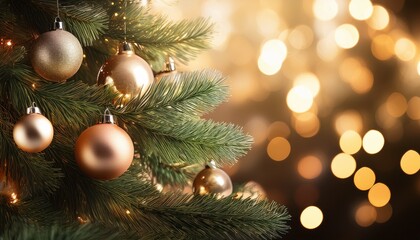 christmas tree with baubles and blurred shiny lights