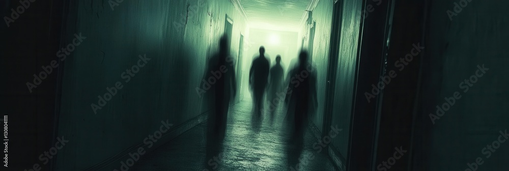 Poster dark corridor filled with ghostly figures illuminated by flickering light creates an eerie horror at
