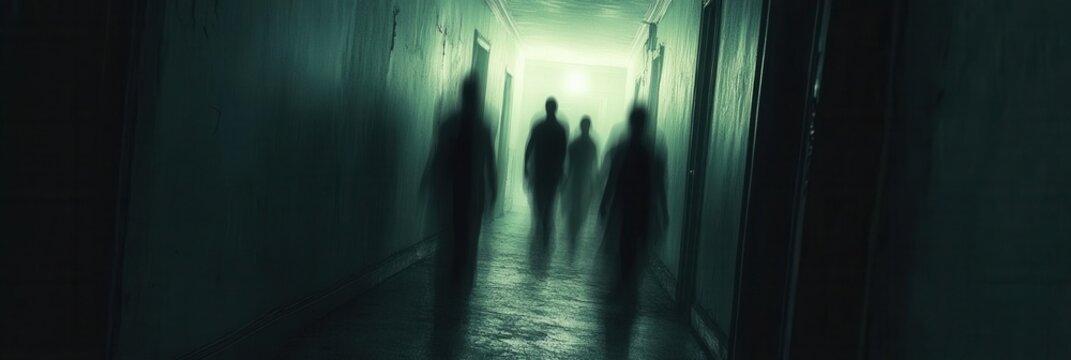 Dark corridor filled with ghostly figures illuminated by flickering light creates an eerie horror atmosphere