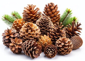 Brown Pine Cones Collection Isolated on White Background - Autumn Nature Stock Photo