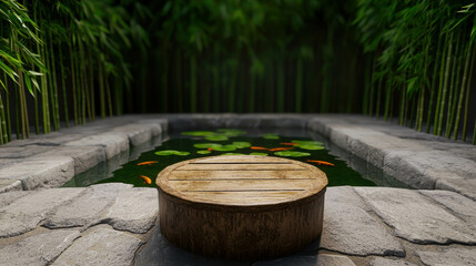 Fototapeta premium Serene Zen Garden with Koi Pond Surrounded by Lush Bamboo for Tranquil Meditation Experience