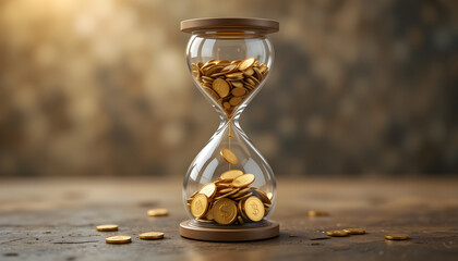 A classic hourglass filled with golden coins symbolizes the relationship between time and money, financial growth, and investment strategies over time.
