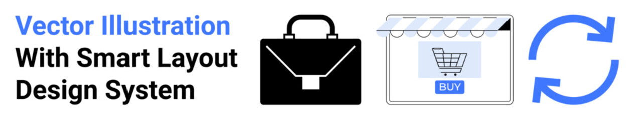 Briefcase, e-commerce storefront, and circular arrow representing business management, online shopping, and process improvement. Ideal for business, e-commerce, workflow, retail automation