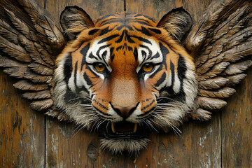 Majestic tiger head with wings mounted on a rustic wooden wall, symbolizing strength and freedom
