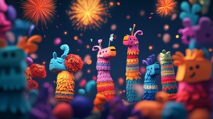 Colorful pinata creatures celebrate under fireworks.