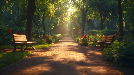 A picturesque park path bathed in sunlight, with wooden benches and colorful flowers adding to its serene beauty. Money concept theme background. Sunlit Park Path with Benches and Flowers