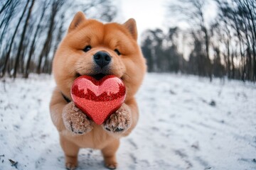 Cute chow dog with sparkling rhinestones red heart on a walk in a winter garden. Chow - my treasured dog, symbol of friendship. Ad companion visual layout. Valentine's pet photoshoot.