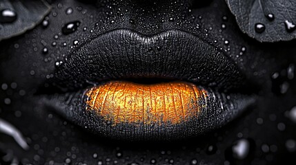 Obraz premium Close-up golden lips, dark background, water droplets, beauty