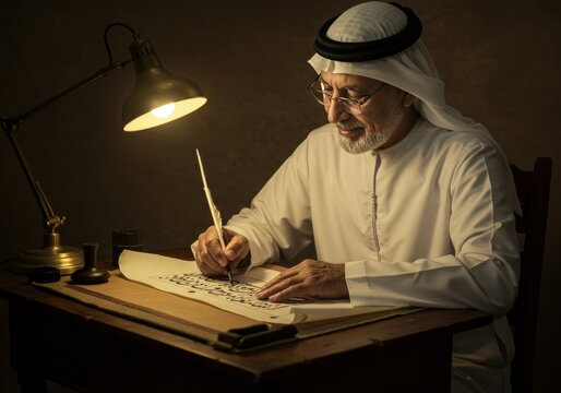 A close-up photo of a Saudi Gulf Arab man wearing a ghutra and a bisht holding a pen in his hand writing on a historical leather manuscript, heritage letters and correspondence - Powered by Adobe
