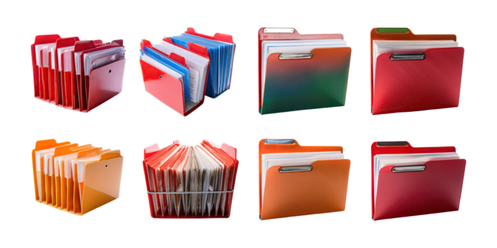 Colorful File Folders for Organized Workspace, PNG collection, set bundle, isolate on transparent or white background