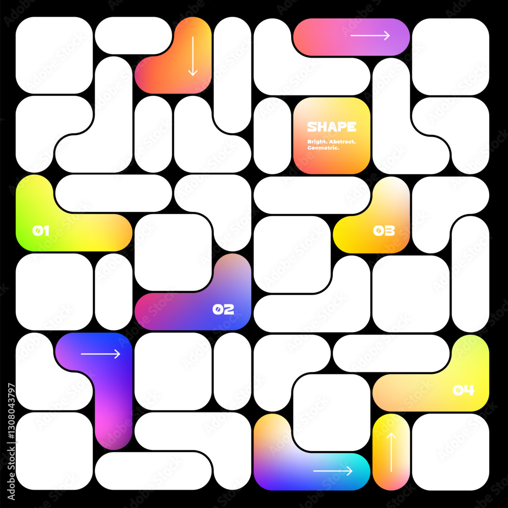 Poster Abstract Pattern with Geometric Shapes. Bento Grid Background with Gradient. Y2K Modern Layout for UI Design. Liquid Futuristic Blob Figures