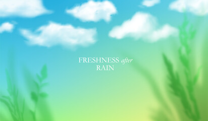 Obraz premium Abstract Nature Background with Blue Sky, Vector Clouds and Green Plants. Spring and Summer Gradient. Clear Color Poster Design