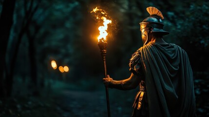Roman soldier holds a torch while exploring a dark forest pathway