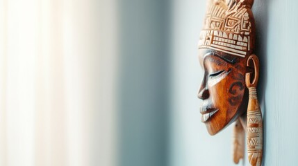 Intricate wooden mask, serene expression, warm tones, cultural art.