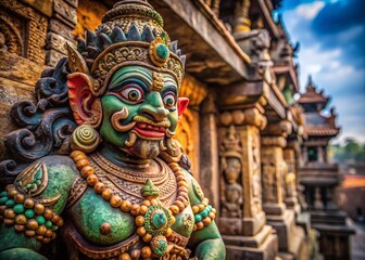 Candid Photo: Ancient Hindu Demon Statue, Intricate Detail, Religious Art, Spiritual Symbolism, Stone Carving