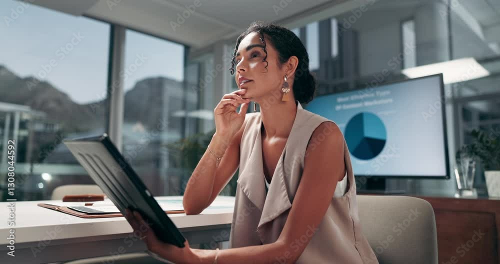 Poster Woman, tablet and thinking with decision, office or problem solving for project management at startup. Person, stats and charts with digital touchscreen, application or review for solution at company