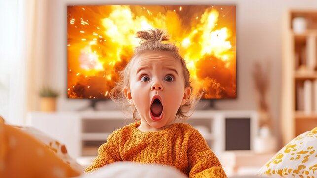 Baby girl with shocked expression watching explosion on TV.