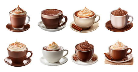 Variety of Hot Chocolate and Coffee Drinks with Whipped Cream, Bundle Set Collection, Isolated on Transparent Background