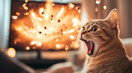 Ginger cat reacting to a screen explosion.