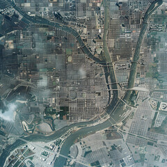 High-Resolution Satellite Image of Urban City with Detailed Streets, Skyscrapers, and Surrounding Natural Terrain
