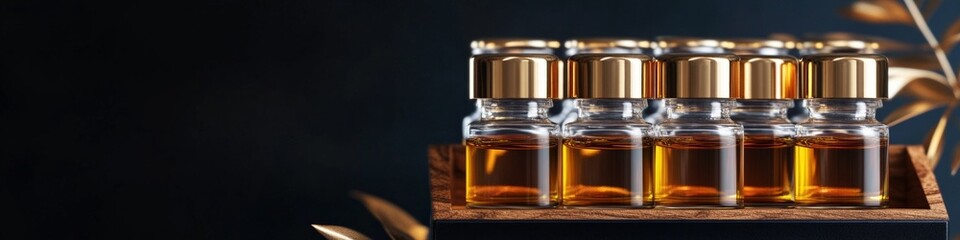 Luxury amber essential oil in glass bottles.
