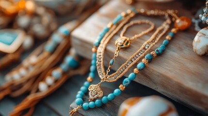 Naklejka premium Elegant turquoise and gold necklaces arranged on a wooden surface.