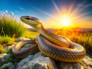 Obraz premium Caspian Whip Snake in Natural Habitat: Sun-Drenched Meadow, Close-Up