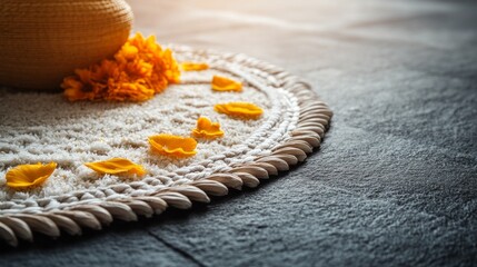 Orange flowers and petals on a round rug.