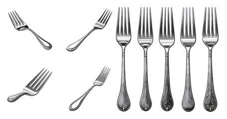 Fototapeta premium Various Silver Forks Displayed in Different Orientations and Sizes, PNG bundle collection, Isolated on Transparent Background