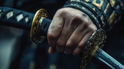 A strong hand firmly gripping a decorative sword handle