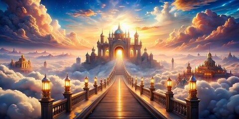 Celestial Pathway: Radiant City Gate - Spiritual Journey Stock Photo