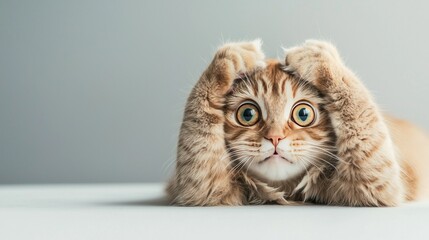 An adorable ginger cat looks stressed, paws over its face.