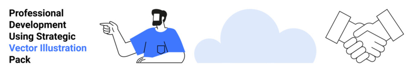 Businessman gesturing, handshake line art, and cloud symbol. Ideal for business leadership, teamwork, partnership, personal growth, remote collaboration, career strategy flat landing page banner