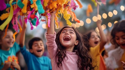 Obraz premium Joyful girl at a vibrant party, laughing with friends as colorful pinatas fly.