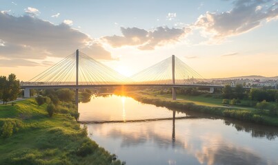 Obraz premium A scenic sunset view over a river with a modern bridge in the foreground.