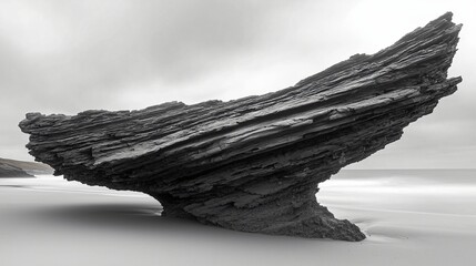 Coastal rock formation, ocean waves, grey sky, beach landscape, nature photography