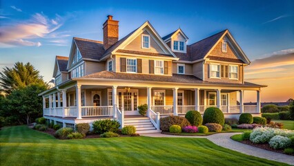 Charming New England Coastal Home, Tan & White Exterior, Lush Landscaping, Daytime