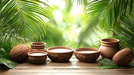 Coconut milk in clay bowls, tropical setting