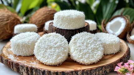 Fototapeta premium Coconut Dessert Cakes on Wooden Board