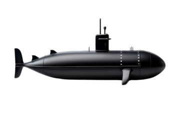 Sleek black submarine model in profile view