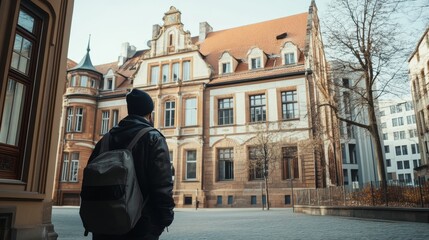 Fototapeta premium Person with Backpack Admiring Historic Building in Urban Setting with Trees and Clear Sky