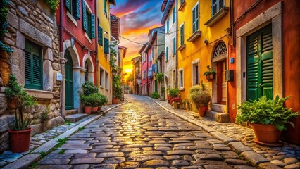 Fototapeta premium Charming Stone Street, Colorful Houses, Rovinj Old Town, Istria, Croatia