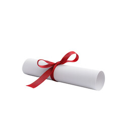 Rolled diploma tied with a red ribbon