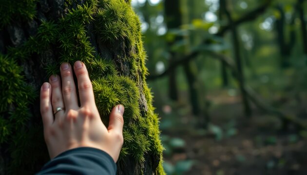 Exploring nature's textures forest photography green environment close-up touching moss on tree