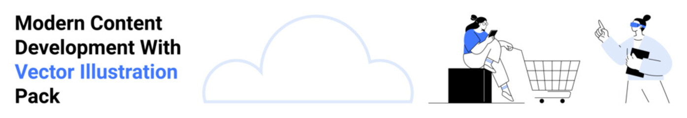 Cloud in the center, seated woman near shopping cart with laptop, standing man presenting ideas. Ideal for teamwork, e-commerce, tech innovation, digital marketing, creative communication, content