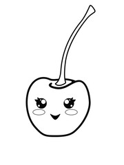Obraz premium Kawaii cherry with a smiling face. Smiling, sweet, little cherry with a handle - vector linear picture for coloring. Outline. Hand drawing. 