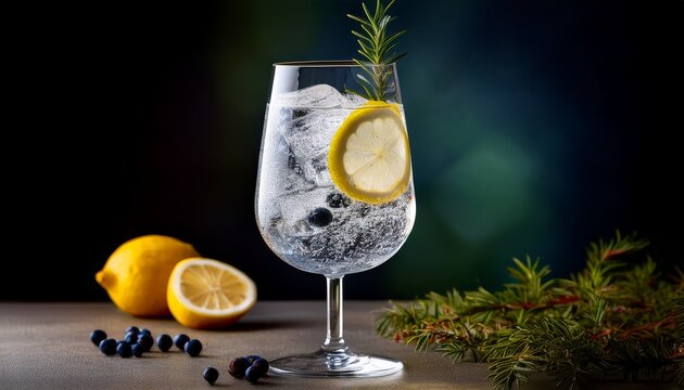 gin tonic en copa de balon con twist de limon y bayas de enebro