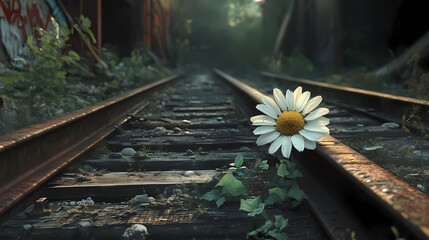 A luminescent daisy adorns a forgotten train track, its petals faded like memories amidst the desolate allure of overgrown weeds and rusty metal. Forgotten - Shrine. Illustration